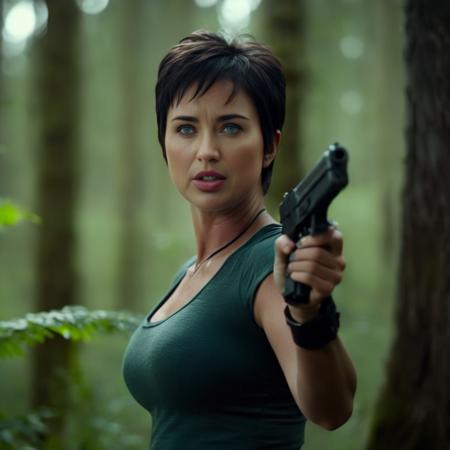 cinematic film still of Perfect Detailed
 <lora:Megan Fox-000002:1.5> Megan Fox 
a short hair woman holding a gun in a forest, shallow depth of field, vignette, highly detailed, high budget, bokeh, cinemascope, moody, epic, gorgeous, film grain, grainy