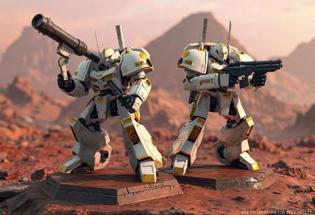 "A high-detail concept art scene from Warhammer 40k, featuring Super Armored Robot Armed Black Iron painted in striking white and gold. Positioned on a brown base against the Pressured Planet Wraitsoth, the robots stand ready for action. The left robot wields a large gun with its barrel pointed upward, while the right robot holds a smaller gun at the ready. The composition is dynamic, capturing a moment of anticipation with sharp lines, stunning colors, and impeccable balance. Rendered in hyper-realistic 3D with Octane Render, the scene showcases lifelike details, captivating lighting, and harmonious tones. Inspired by contemporary aesthetics and Grammer Effect Style, the image conveys vivid emotions and a powerful message. Trending on ArtStation, 4K, ultra-detailed, and impeccably composed."