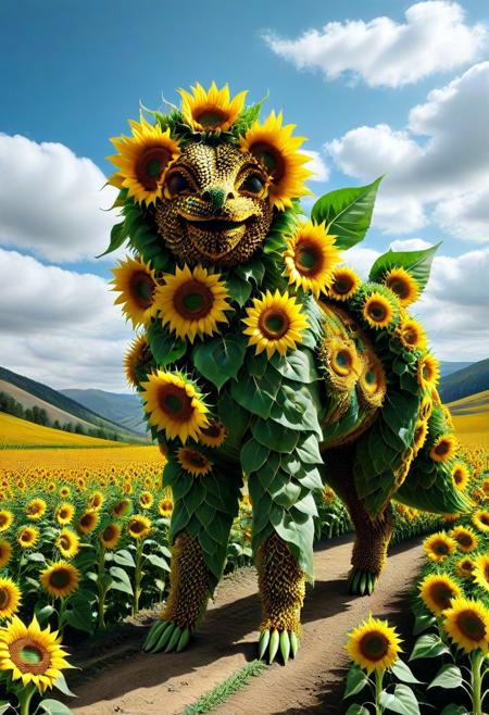 Made of Sunflowers, majestic random animal with a body built from sunflower clusters,  walking through a valley of endless golden blooms beneath a sky of soft clouds, SDXL, surreal and uplifting