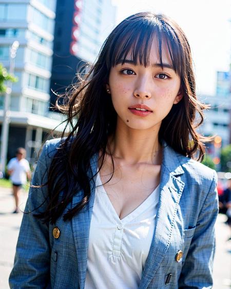 a woman posing on the street corner with grey blazer on and white shirt on, best quality, 1girl, large breast, day, bright, blur background, bokeh, outdoor, (street:0.8), (people, crowds:0.8), (grey blazer:1.2, white shirt under blazer:1.2), gorgeous, (bangs, long hair:1.2), beautiful detailed sky, (dynamic pose:1.2), soft lighting, wind, shiny skin, (upper body:0.8), (freckles:0.8), mole under mouth, <lora:Hiroe_Yaiba_v1.0:0.65>