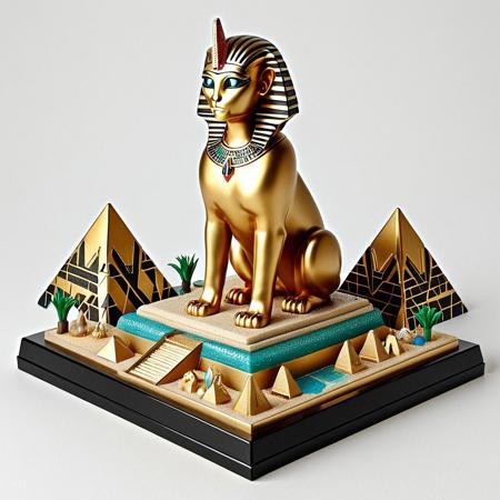 A precise 3D isometric render of a golden beach diorama, with all objects shown in perfect axonometric projection (26.565° angle) of an Egyptian Sphynx toy, crafted from authentic sandstone-textured material for the base, with its head and upper body dramatically coated in glossy golden slime. The slime drips dynamically, forming icicle-like strands that gleam under light, while the lower body retains the original sandy texture with hieroglyphic engravings. Set on a minimalist diorama base with Egyptian motifs (like tiny pyramids and an isometric grid), rendered with soft shadows and vibrant colors to mimic a collectible vinyl toy. Inspired by 'Funko Pop' meets 'Art Deco Egyptomania', 8K resolution, Blender + Octane render. RetroBG