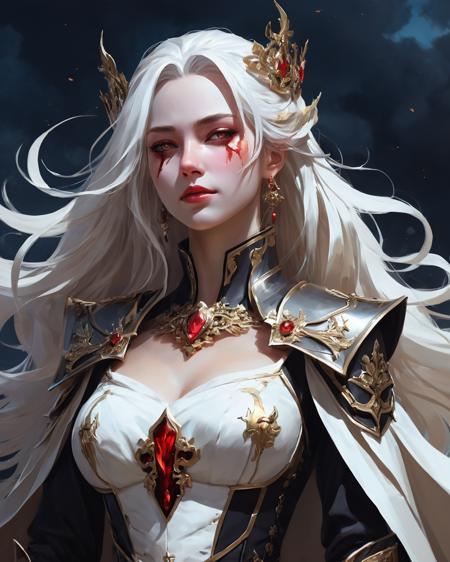 in Krenz Cushart style, A phantom queen, The scene radiates eerie power, high contrast, sharp lighting on her face, upper body portrait, Bloodstained clothes, deity, armored female, medieval style, white and black clothes, ancient entity, beautiful midnight sky, clean line work, evil, wicked smile, long white hair, semirealistic art style, elaborate fine details), (elaborately detailed attire with extraordinary elements), (best quality, realistic:1.4)