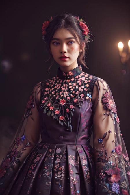 RAW photography,  imaginative floral patterns (clothing), fashion shoot, intricate details, 8k masterpiece, dynamic volumetric 3D, deep darks, rich colors, 35mm kodachrome photo with dust particles