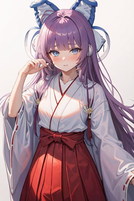 best quality, masterpiece, highres, solo, {white kimono:1.35}, {red hakama:1.35}, {wide sleeves:1.20}, {tashkent_azurlane:1.15}, long_hair, purple_hair, blue_eyes, blush, bangs, animal_ears, very_long_hair, fake_animal_ears, ribbon, hair_ribbon, hair_ornament