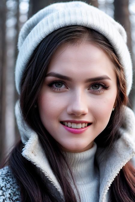 CrystalG_SoloTI_v1, PA7_Portrait-MCU,
(big smile,happy,teeth:1.2), (modern photo,Cozy oversized sweater, knitted beanie, faux fur boots:1.1), closeup portrait, 85mm, (analog, cinematic, film grain, hazy atmosphere:1.3), ((Snow-covered forest backdrop, serene and enchanting, winter twilight:1.2)), detailed eyes, (painted lips), (seductive), (cinematic shot:1.3), 
 <lora:add_detail:0.8>,<lora:LowRa:0>, PA7_Portrait-MCU,