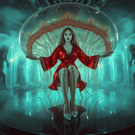 tall slender elegant slavic lady , sits in giant  transparent (inverted jellyfish)   laying at  mirror disk bed,  entangled in its tentacles, dressed in vintage long lace trim red foil  dressing robe , spreading wide her pefect legs in high heels, surrounded by cocoons with encased beauties at background, sci-fi, scifi, mind control, silver slave collar, brainwash machine, breeding chamber, steel, foil, fog, hypno, romance, poison, lipstick, long hair, heavy makeup, 1950s hairstyle, red nails, long hair, green eyes, sharp cheekbones, ultra thin waist , mysterious, alien spaceship, space, radiating, laser, dramatic lighting, epic hollywood movie still, sharp focus, emitting diodes, smoke, artillery, sparks,  horror, fashion look, hollywood, vogue makeup, porcelain skin, long haired, ultrathin waisym reminiscent of H.R. Giger, Zdzisław Beksinski, and Ash Thorp's dark, sleek styles, with close-up glamour photography, glossy satin and silver heels glistening, fleshy slime dripping, and dark shadows.