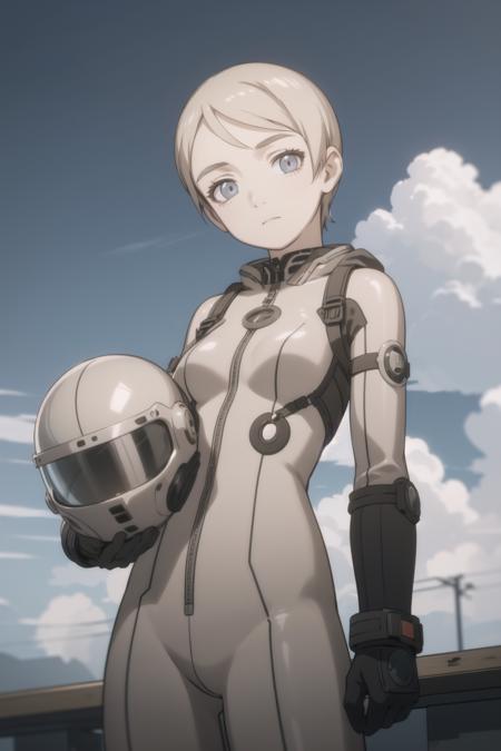 <lora:tatiana-000025:1> tatiana wisla, grey bodysuit,
1girl, arm support, carrying under arm, head tilt, holding helmet, sky, confident