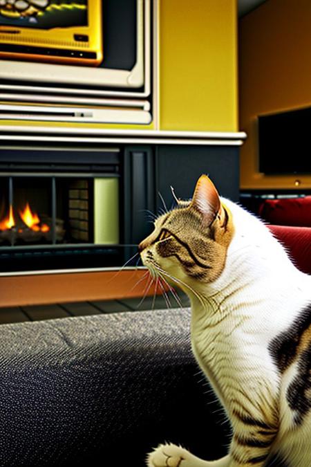 a cat smoking a cigar, sitting on black couch, fireplace, side view, <lora:vhs:1>