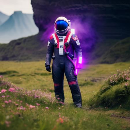 neon-ground-astronaut scifi style,a human male man figure in astronaut suit in field,helmet glowing pink, dynamic lighting, atmosphere  lighting, hyper detail features, ray tracing, high flare, 3D, cinematic lighting, dark shadows, unrealistic Engine 5 rendering, hyper detail,trending on artstation, 4k,extremely high details, ultra hd, hdr, 8k, extremely high details