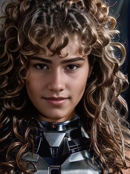robot, UE5, Mech warrior,scifi, DL, curly long hair, smiling, staring at the camera, photography, trending on artstation, sharp focus, studio photo, intricate details, highly detailed, front face, by greg rutkowski <lora:DL:0.9> <lora:add_detail:1>