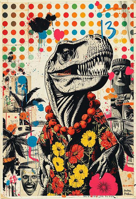 A pop art mixed media collage artwork style of Butcher Billy. Deconstructed, provocative, surreal, intense and chaotic composition. Street art textures, overlapping layers and vibrant retro colours. 
A punk stencil photocopy print of a magazine image of a friendly tyrannosaurus rex wearing a patterned Hawaiian shirt and lei flower necklace.
Print errors, halftone dots. grungy ink marks, and print registration errors. 
Overlaying this are multiple layers of hand-drawn shapes and patterns, bold paint splashes, and chaotic magazine picture cutouts and clippings of Moai tiki heads, monstera leaves and lei necklaces.
On top of this and partially covering it are layered sections of repetitive randomly coloured dots spraypainted in Yayoi Kusama style - smears and spray. Torn vintage photos of hula girls glued to the layers.
These, along with layers of paint splattered and dripping break up the outline. On the top layer are rough hand-drawn shapes, abstract patterns and love hearts scrawled heavy-handedly in blue biro and Sharpie marker. Text "13"