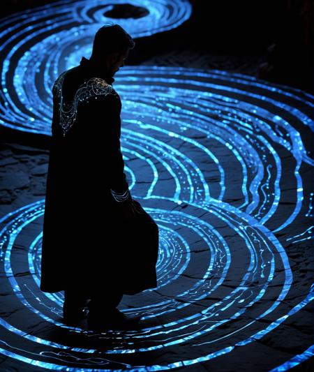(glowing spiral Pattern etched into obsidian floor of a vast stone cavern with sweeping graceful irregular curves:1.4), regal lithe man with shoulder-length black hair striding, (intricate lines of the Pattern shimmer beneath his feet:1.4),  (blue-white sparks flare around his feet illuminating the darkness:1.4), resolute expression as he confronts the veils of resistance, (arcs of multi-colored energy rising to his knees:1.5), the air crackles with power, sense of otherworldly challenge and determination, (detailed pale face:1.5), ziprealism