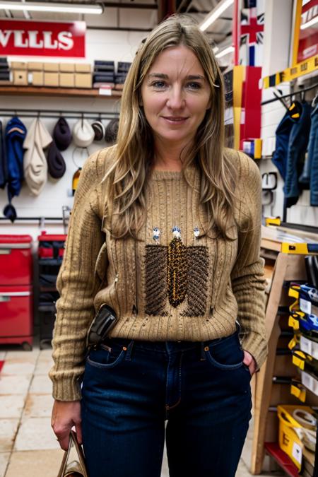 <lora:VC:1.0> masterpiece, best quality, detailed face, 1girl, realistic, solo, a 40 year old, mature,  v1873c, long_hair, blonde_hair, in a hardware shop, drills, mechanical, jumper, jeans