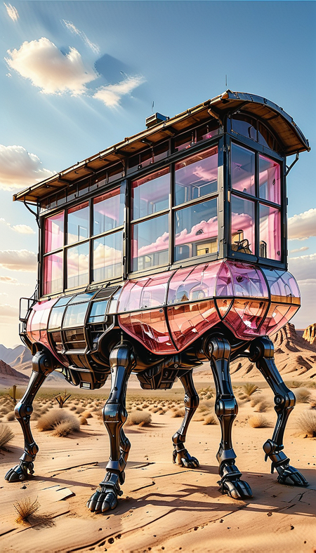 extremely detailed 32k UHD RAW photo depicting a (((walking building), solo, outdoors, sky, cloud, desert, vehicle focus, scenery, (Walking vehicle), (legged vehicle), (multiple legs), black transparent paint, pink transparent paint), entirely made of crystal, showcasing a multifaceted translucent body with a prismatic effect as light passes through, transparent body), taken by a national geographic photographer with DSLR, beautiful sunlight, desert,
(ultra sharp focus:2), (detailed windows:2), (thin lines:2), (best quality:1.8),
<lora:Apparatus_-_Traction_City_Walkers_Vehicles:0.8>