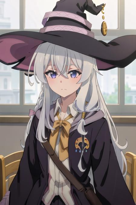 best quality, masterpiece, highres, solo, {elaina_majonotabitabi:1.15}, long_hair, bangs, hair_between_eyes, blue_eyes, closed_mouth, grey_hair, bow, white_hair, hat, witch_hat, black_headwear, purple_eyes, 1girl, multiple_boys, window, collared_shirt, shirt, ahoge, red_headwear, solo_focus