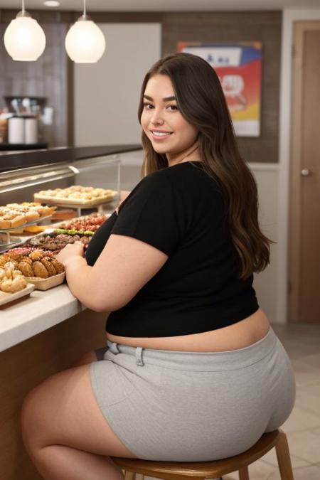 side view beautiful thick bbw obese blonde girl sitting in a booth at a donut shop, (flat chest:1.2), tight clothes, undersized dolphin shorts, crop tee shirt, (eating lots of sprinkled donuts), hands resting on her stomach, sitting at a table, (buffet:1.2), stacked plates on the table, shirt stained with greasy food
(plump:0.9), love handles, stuffing herself, large round stomach, (huge round gut),
digital illustration, trending on artstation, realism, (best quality, masterpiece, [insanely detailed], intricate:1.2), absurdres, [ultra detailed], [sharp focus], [high definition] <lora:plump-strong:1.5>, pretty face, nose, lips, beautiful eyes, (MarlaNobodySD15), smiling, Fat Rolls:1.2, blonde hair:0.7, gigantic fat belly:1.1