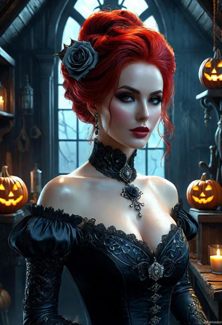Ultra detailed digital art masterpiece, face portrait, mysterious dark Witch woman, a cute magical creature like a Witch standing in the Shack, realistic black rose, ultra detailed Witch's Mysterious Shack, in year 1880, victorian style, Halloween decorations including pumpkins, rose flower style, white marble, old dark solid wood, victorian decals, perfect lighting, elegant, Tom Bagshaw, Anne Bachelier, unreal engine 5 nanite quality, mixed with dark elements, dark environment, very dark night, clean dark velour witch clothing, dark washed out eyeliner, no make up, natural pale face, nose piercing, abstract, big shiny brown eyes, ultra detailed atmospheric details, beautiful glowing effects, sparkle effects, realistic body proportions, beautiful face proportions, complex masterpiece, wild red hair style, creative glowing detailed tattoos, complex physics, enhanced colors, complimentary colors, ultra detailed raytracing reflections, Ultra detailed complex background, environment feels alive, direct eye contact, dramatic lighting, wet and sweaty skin, beautiful firm Breasts, Concept art portrait by Greg Rutkowski