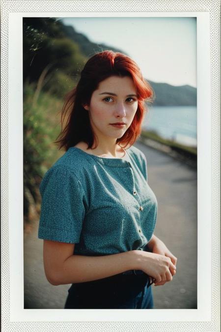 analog photo, a cute girl, irish, 26 years old, red hair, bulky, huge tits, blouse, sunburst background ocean, vintage, faded film, film grain, polaroid, (white frame:0.9), (natural skin texture, hyperrealism, soft light, sharp)