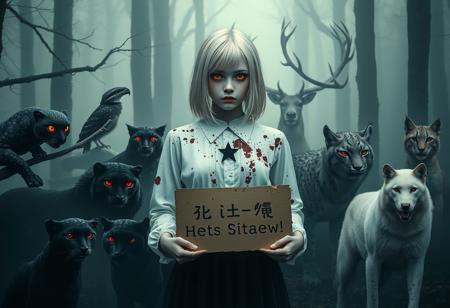 In a mist-filled forest, a pale girl with silver-white hair stands hauntingly still. Her white blouse, splattered with dark red stains, contrasts starkly with her ghostly skin. A simple black five-pointed star is visible on her chest, adding an unsettling graphic element. Her eyes glow with an intense crimson light, piercing through the dimness.
Around her, twelve wild animals create a tense, surreal circle. A black panther crouches nearby, its fur blending with the darkness, while its eyes reflect an eerie red. Two owls perched on branches survey the scene with glowing red eyes. A large snake, with blue-black iridescent scales, coils around a tree branch, its gaze menacing.
In the background, a majestic stag stands with antlers silhouetted against the fog. Two lynxes, their fur patterned with shadows, move quietly, and a white wolf stands in the foreground, its eyes mirroring the girl’s glow.
The girl holds a worn cardboard sign reading ‘We Come in Peace,’ which contrasts sharply with the ominous atmosphere. The swampy ground is covered in mist, with refracted light casting shifting shadows, adding to the eerie, realistic quality of the scene