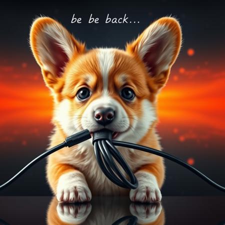 semirealistic, a cute corgi puppy with an unplugged computer cord in its mouth. THE message "be back soon" written, detailed mirroring horizon reflecting polychromic space, straight lines, wining award digital art, hight detailed,Insane resolution. Insane details. Masterpiece. 32k resolution. casting shadow style, cucoloris patterned illumination, cinematic composition and lighting. Masterpiece. Very detailed.