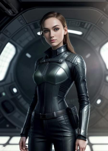 photo of (madison), a woman (looking at the camera:1.2), as a spaceship officer, modelshoot style, (extremely detailed CG unity 8k wallpaper), large breasts, photo of the most beautiful artwork in the world, professional majestic oil painting by Ed Blinkey, Atey Ghailan, Studio Ghibli, by Jeremy Mann, Greg Manchess, Antonio Moro, trending on ArtStation, trending on CGSociety, Intricate, High Detail, Sharp focus, dramatic, photorealistic painting art by midjourney and greg rutkowski, (sexy space cadet uniform:1.1), (trousers), ((spaceship interior)), (crew members in background), (looking at viewer), (detailed pupils:1.3), (closeup), (grin512)