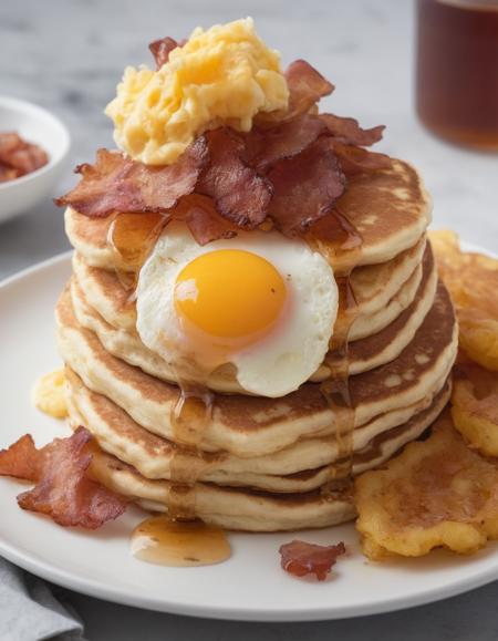 A classic American breakfast plate with fluffy scrambled eggs, crispy bacon, golden hash browns, and a stack of buttermilk pancakes drizzled with maple syrup, served on a white ceramic plate.