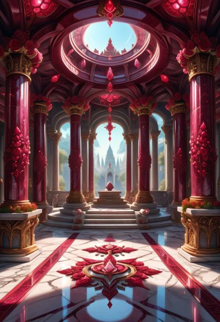 aesthetic, masterpiece, beautiful, elegant, award winning, photo, artstation, absurdres, hdr, best quality, 
temple hall, marble pillars,ruby flowers at sides, rubies sparkle and glitter
Ruby_Fantasy, symmetrical