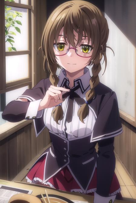 aikakiryuu, <lora:aika kiryuu anime s2-lora-nochekaiser:1>,
aika kiryuu, long hair, brown hair, (green eyes:1.5), braid, glasses, twin braids, smile,
BREAK shirt, ribbon, school uniform, white shirt, black ribbon, neck ribbon, capelet, black capelet, long sleeves, skirt, red skirt,
BREAK indoors, classroom,
BREAK looking at viewer, (cowboy shot:1.5),
BREAK <lyco:GoodHands-beta2:1>, (masterpiece:1.2), best quality, high resolution, unity 8k wallpaper, (illustration:0.8), (beautiful detailed eyes:1.6), extremely detailed face, perfect lighting, extremely detailed CG, (perfect hands, perfect anatomy),