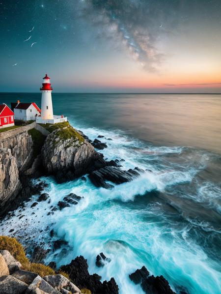 astrophotography, multi-tiered lighthouse, rocky island, network of walkways, turbulent sea, white foam, seagulls, night