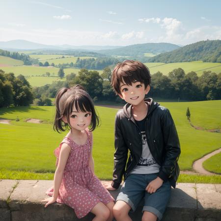 two cute children, boy and girl, side by side, smiling, casual clothes, looking at viewer, countryside, scenery