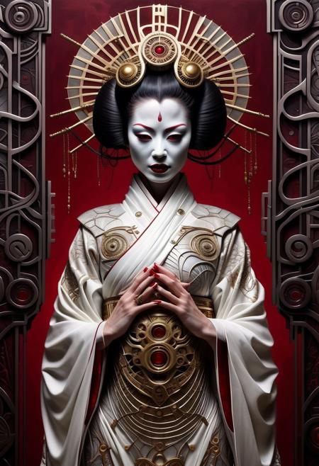 A surrealistic portrait of a white geisha is transformed into a biomechanical masterpiece inspired by H. R. Giger. The background is integrated with the geisha, revealing a symmetrical biomechanical design with metallic textures. The color scheme is dominated by light silver and dark crimson, with gold accents highlighting the intricate patterns. The composition is symmetrical, seamlessly blending organic and mechanical features to create a surreal, otherworldly atmosphere,kimono,red background