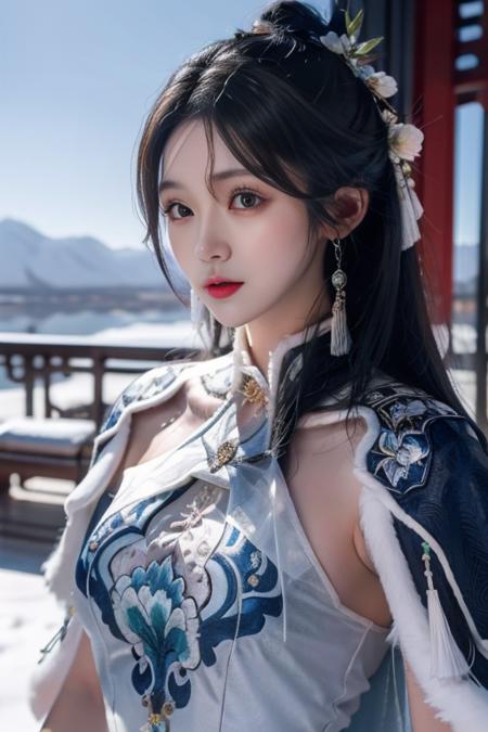 ltra-detailed,highly detailed,best quality,masterpiece,illustration,realistic,photorealistic,
guqinghan,cangyugezhu, 1girl, solo,
chinese clothes, china dress, blue dress,white lace trimgloves, fur trim, side slit, cape, shawl,
jewelry, earrings, tassel,
long hair, hair bun, hair ornament, hair flower,
looking at viewer, upper body, walking,
outdoors, winter, snow, flower,
<lora:guqinghan cangyugezhu_v1_04:0.7>