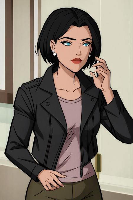  lois lane, black hair, short hair, blue eyes black jacket, shirt, green pants, stud earrings grey shirt, long sleeves, grey beanie