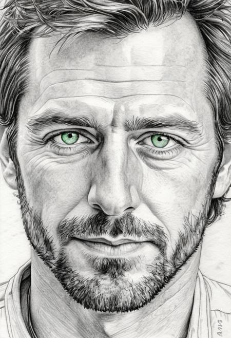pencil sketch, man, male, AndrwTggrt, face shot, 42 years old, looking at viewer, handsome, beautiful, attractive,  green eyes, brown hair