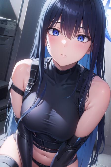 saori joumae, blue eyes, blue hair, halo, long hair, mask, mouth mask, bare arms, bare shoulders, belt, black headwear, black pants, black shirt, blue gloves, crop top, gloves, leggings, midriff, navel, pants, shirt, sleeveless, sleeveless shirt,