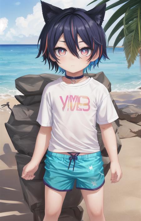 beach,animal ears,multicolored hair,1 boy,more details in eyes,very short hair,hair between eyes,cute,looking at viewer,(square swim trunks:1.5), (shirt:1.5), adorabel boy,cute face,details sky,handsome,young,juvenile,((masterpiece:1.4,best quality)),multiple details,colorful hair,white skin,colorful eyes,multicolored eyes,eyeshadow, crew cut, choker, sfw