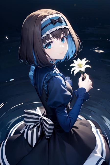 ,Garie,1girl,solo,frilled dress,puffy sleeves,<lyco:Garie-loha-V3:0.9>,from above, looking_up,looking at viewer,  ripples,  ,(white petals:0.6),depth of field, looking back, striped bow, night, (light smile:0.8),white lily \(flower\),  makeup,  holding flower, sleeves past wrists, long sleeves, hand to own nose, light particles, petals,