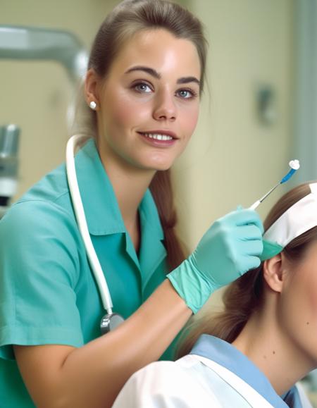 <lora:LauriePartridge:1> 1990 photo of  20 year old  LauriePartridge, in danmark , dressed like a nurse, assisting a dentist , soft lighting, tack sharp, 4k, dslr