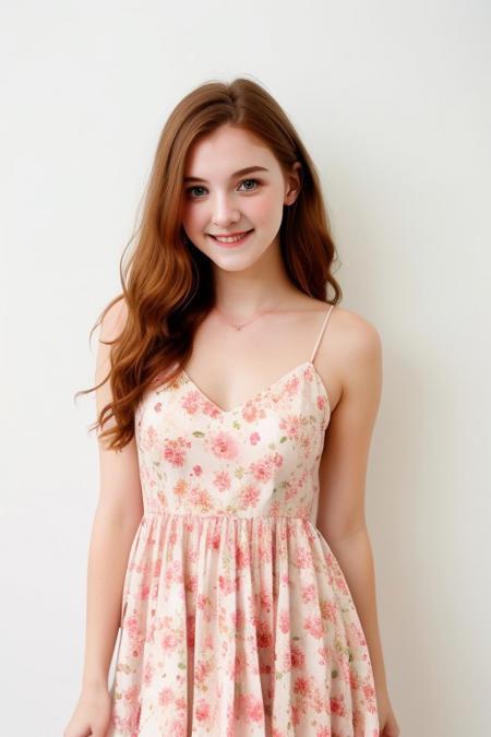 HD, perfect quality, 16k, very detailed,  a beautiful 21yo college girl with ginger hair in an updo, pale skin, wearing a calico floral dress, pink fleckes, green eyes, slim, detailed skin, hair behind ear, smiling proudly, standing in front of white background
