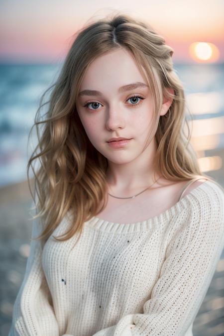 a beautiful woman, on the beach at midnight, white knitted sweater, waves in the background, moonlight, raw, 8k, uhd, upper body, (close up, headshot), <lora:dakotaFanning:1>, [smiling]