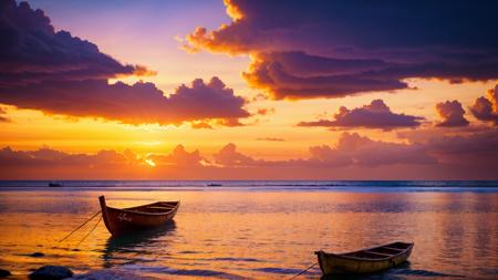 (sunset over sea, award winning seascape photo, foreground raft, taken from a primitive raft,  fishing boats at distance), Professional photo, epic seascape, epic background, dramatic atmosphere, sharp focus, volumetric lighting, cinematic lighting, studio quality, professional color grading, best quality, detailed scenery, vibrant colors, (absurdres), highly detailed environment, 8k, RAW photo, best quality, ultrarealistic, ultra-detailed, magazine cover, movie poster, wallpaper, natural lighting, perfect contrast, professional cinematic shot, 4k, perfect ambient lighting, intricate details, shallow depth of field, extreme cinematic photorealism:1.3,perfect cinematic atmospheric lighting, perfect realistic cinematic reflections, HDR, cinematic lens flares, dslr