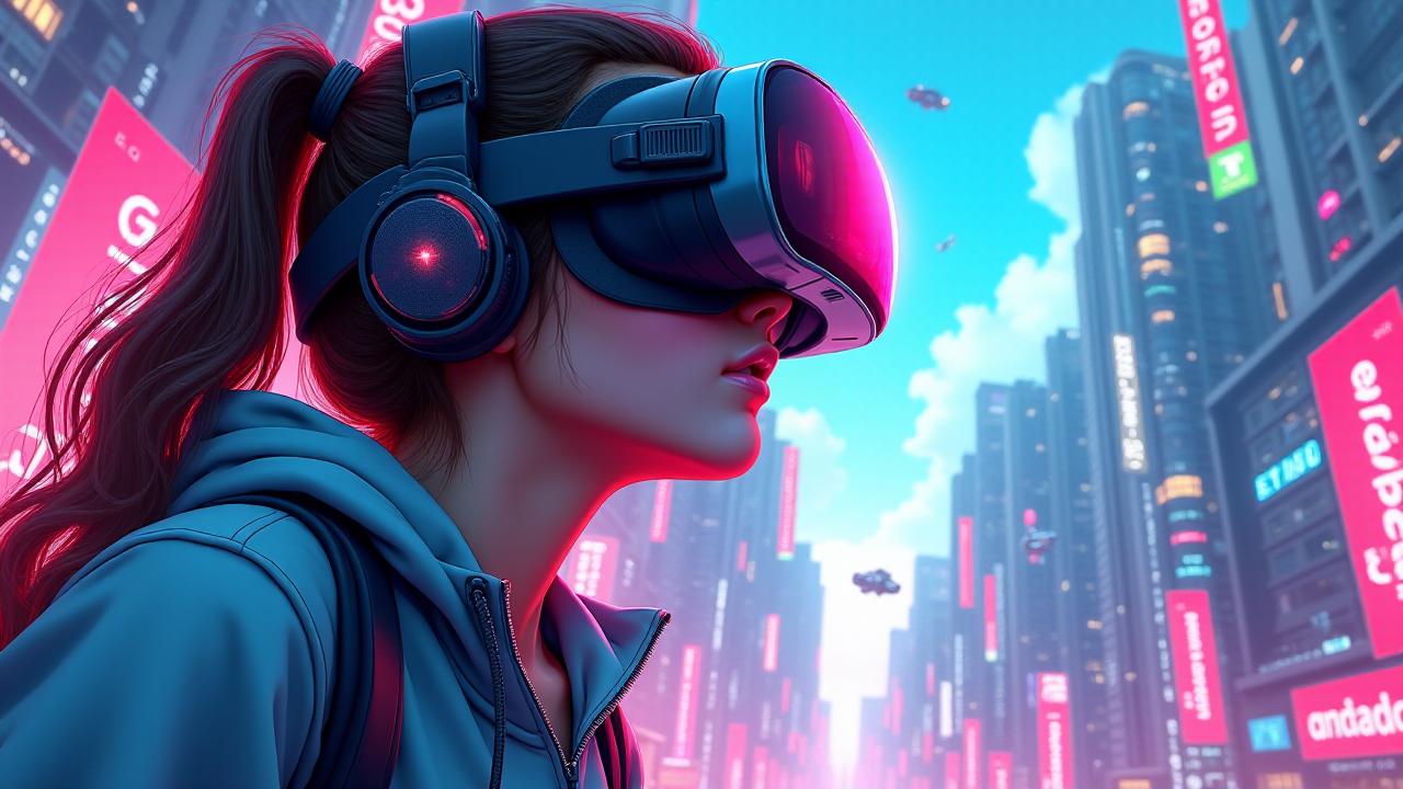 comic a girl playing virtual reality, cities of the future around her, futuristic cars flying in the sky, holograms-advertisements around her, raw, hdr, 8k textures, extreme detail, hight detailed skin texture, epic details, high sharpness . graphic illustration, comic art, graphic novel art, vibrant, highly detailed