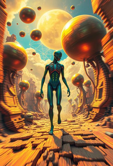 Dynamic motion: elongated figure walking through a surreal, biomechanical landscape. Vivid electric colors, blurred lines, action pose. Floating spheres, glowing orbs, infinite sky, gold, blue, bronze hues, cosmic symbolism.