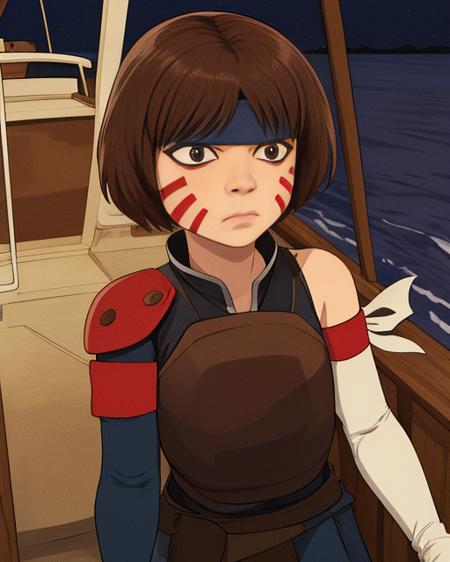 Smellerbee, petite,, short brown hair,  red facial mark, brown eyes , eyeliner, bored expression,  close up,  face focus, 
SmelAtt, dark blue headband, (white gloves), leather chest plate, single shoulder pad, red armband , pants, boots, blue pelvic sash
nighttime, large wooden boat, sea,
(insanely detailed, beautiful detailed face, masterpiece, best quality)    <lora:Smellerbee:0.8>