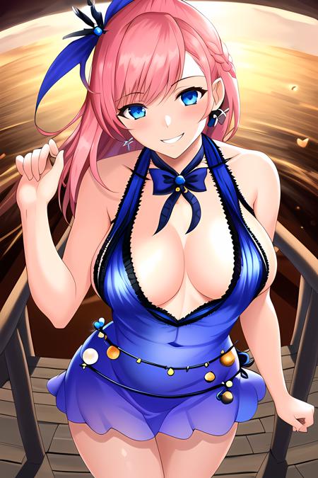 Best quality, masterpiece, 1girl, large breasts, corneo_tifa_dress, ((pink hair)), blue eyes, medium hair, grin