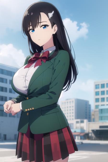 noelniihashi, <lora:noel niihashi anime-lora-nochekaiser:1>,
noel niihashi long hair, blue eyes, black hair, hair ornament, hairclip, (large breast:1.2),
BREAK skirt, shirt, long sleeves, bow, school uniform, jacket, white shirt, pleated skirt, collared shirt, bowtie, red bow, plaid, capelet, blazer, green skirt, green jacket,
BREAK outdoors, city, sun, sky, clouds,
BREAK looking at viewer, (cowboy shot:1.5),
BREAK <lyco:GoodHands-beta2:1>, (masterpiece:1.2), best quality, high resolution, unity 8k wallpaper, (illustration:0.8), (beautiful detailed eyes:1.6), extremely detailed face, perfect lighting, extremely detailed CG, (perfect hands, perfect anatomy),