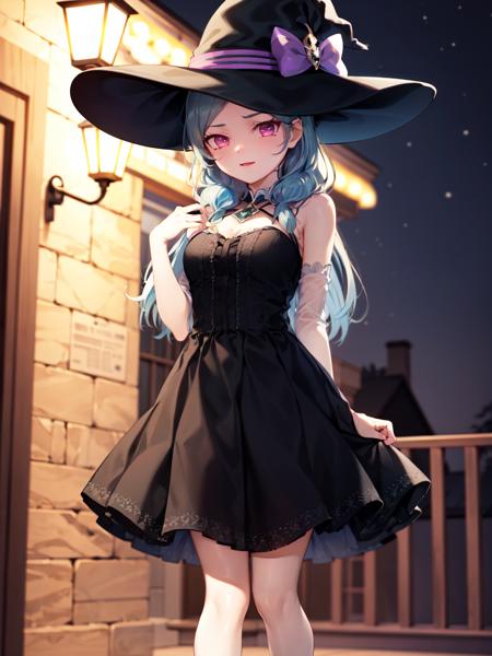 masterpiece, best quality, absurdres, 1girl, beta_ie, witch, witch hat, dress, halloween costume, pink eyes, standing, night, <lora:Beta:1>