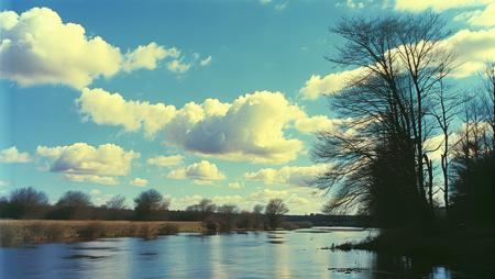 (((landscape of a river and trees in the distance with a blue sky in the background and a few clouds in the sky, 1980s movie footage vhs movie, high contrast)))<lora:MJ52:1.0>