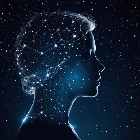 The human profile in the form of a constellation is filled with a night sky full of stars.double exposure