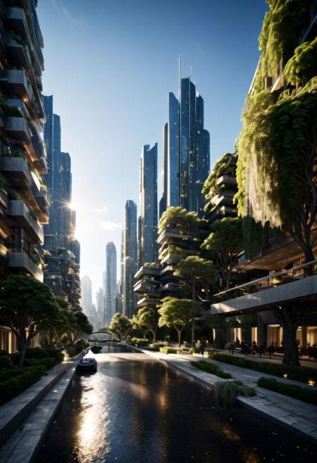 (((Modern style architecture, housing, luxury residence))),
outdoors, sky, tree, blue sky, no humans, ground vehicle, building, scenery, reflection, city, cityscape, bare tree, skyscraper, real world location,
(Large Files, Ultra Realistic, 8K, 16k, FHD, HD, VFX, Perfect, Photography, composition, Architecture Sales Photography, Architecture Competition, Ultra High Resolution, Cinematography, High Resolution Image:1.1), (dramatic lighting, direct sunlight, ray tracing, clear shadow:1.2), (real landscape:1.1), (blurred background:1.0), (urban background, more_details)  
(avant-garde, future, reality, science fiction, photorealistic), (modern architecture:1.2), White limestone with black granite, fountain, waterfall, landmark, square, path, narrow street,
(Large Files, Ultra Realistic, 8K, 16k, FHD, HD, VFX, Perfect, Photography, composition, Architecture Sales Photography, Architecture Competition, Ultra High Resolution, Cinematography, High Resolution Image:1.1), (dramatic lighting, direct sunlight, ray tracing, clear shadow:1.2),  (real landscape:1.1), (blurred background:1.0), (urban background, more_details) ,
great lighting, extremely detailed, clear, SteamPunk, futuresurban